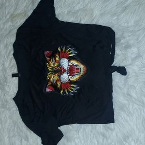 J USA Tiger Graphic Distressed Crop Top | Black Tie-Front | Size Large